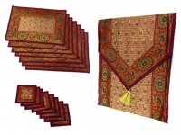 Indian Silk Table Runner with 6 Placemats & 6 Coaster in Maroon Color Size 16x62